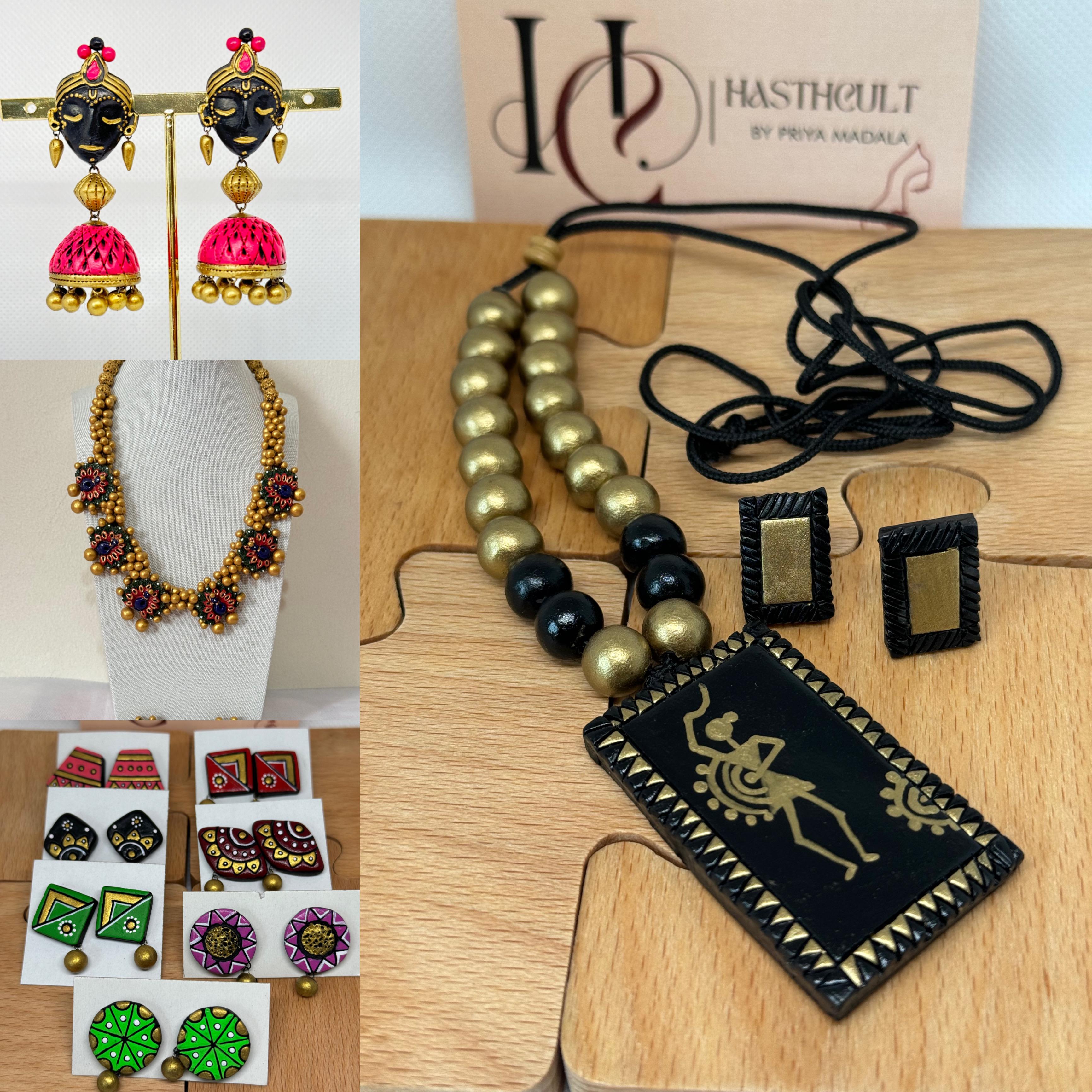 Jewelry set with Jhumkas, necklace, earrings, and pendants